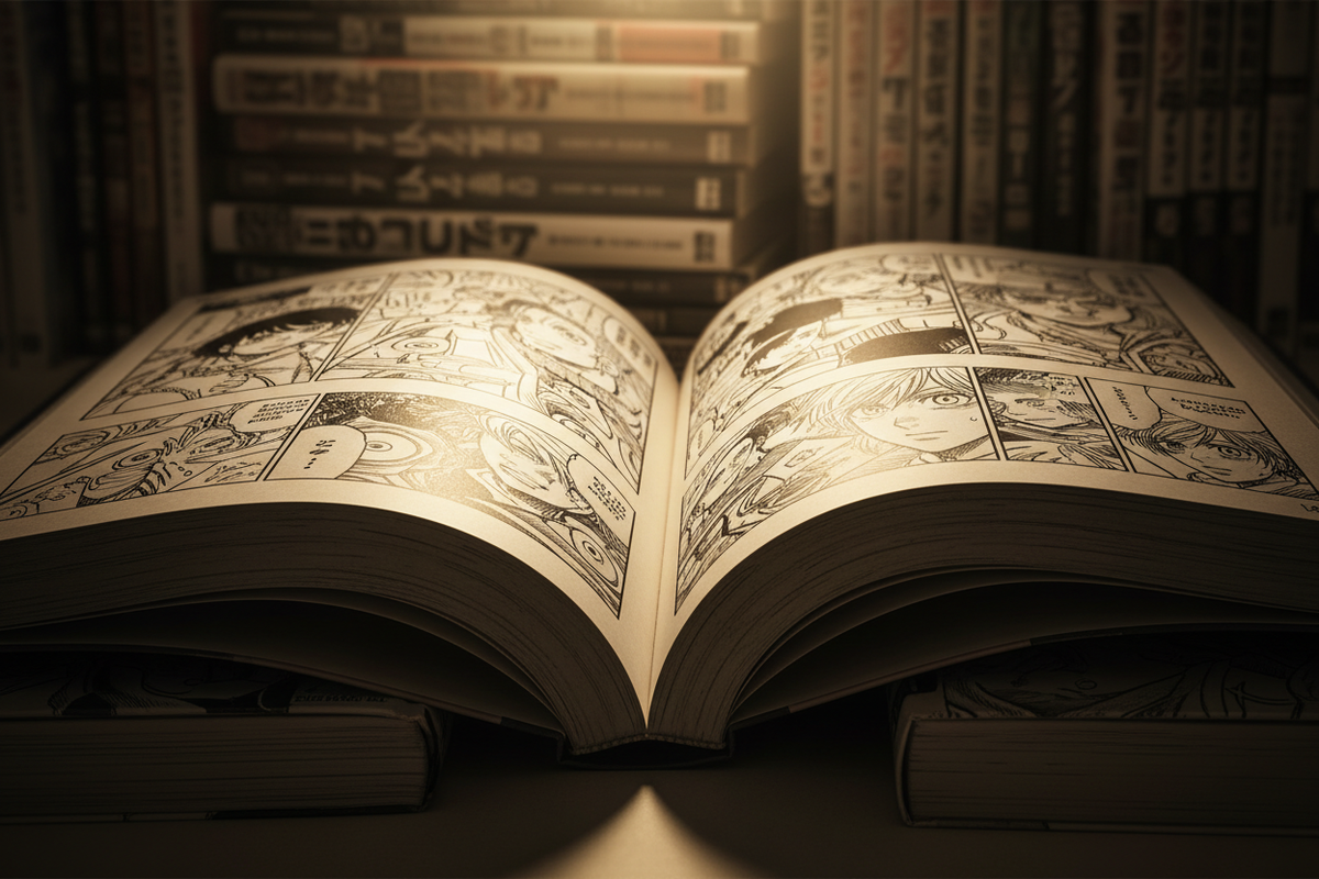 Open manga book with detailed ink panels — Fullmetal Alchemist art style