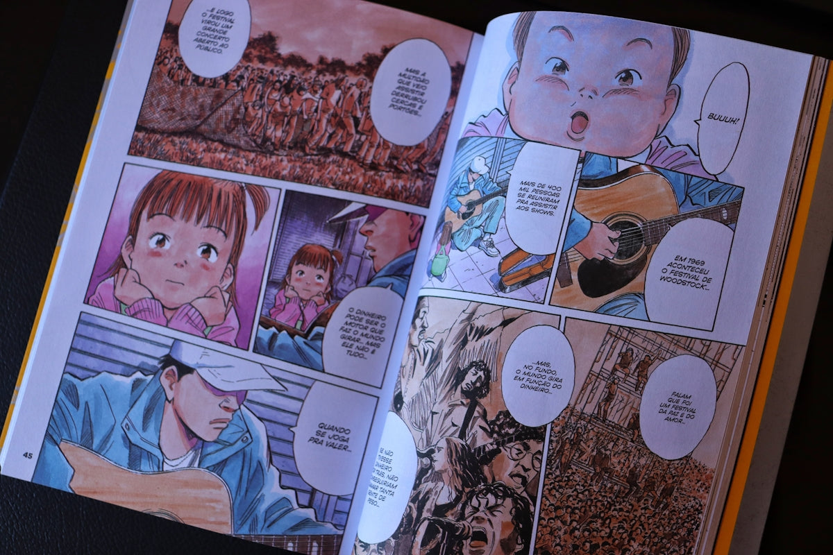 Open manga book with colorful illustrations