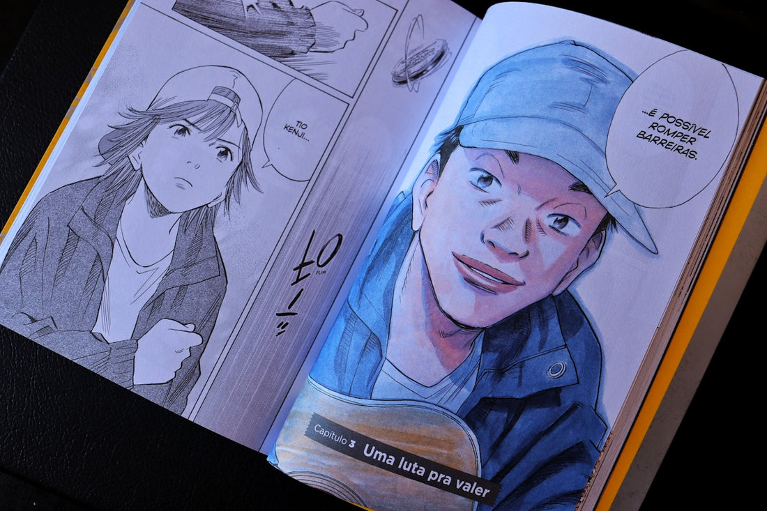 Open book displaying manga panels with character portraits