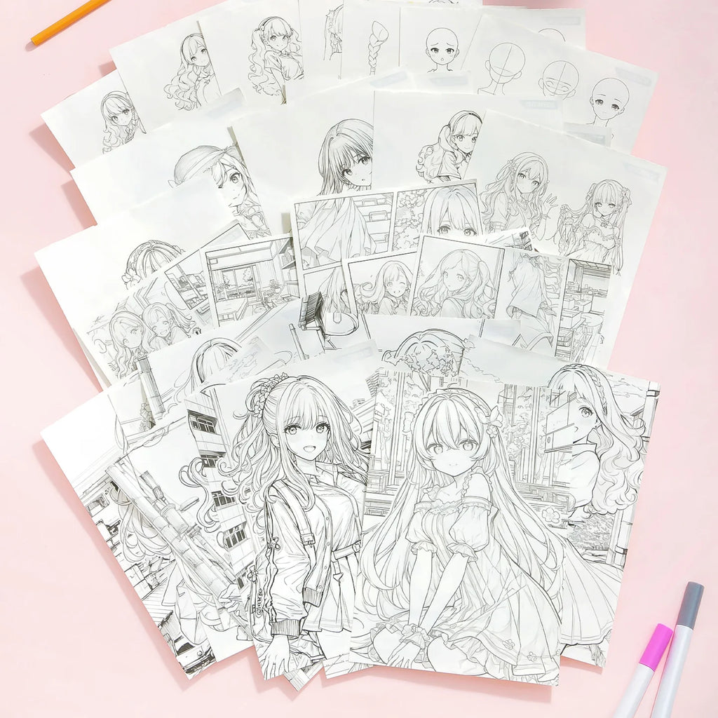 60 Pages Manga Tracing Workbook, "Lively Girls" Anime Drawing Practice Book for Beginners