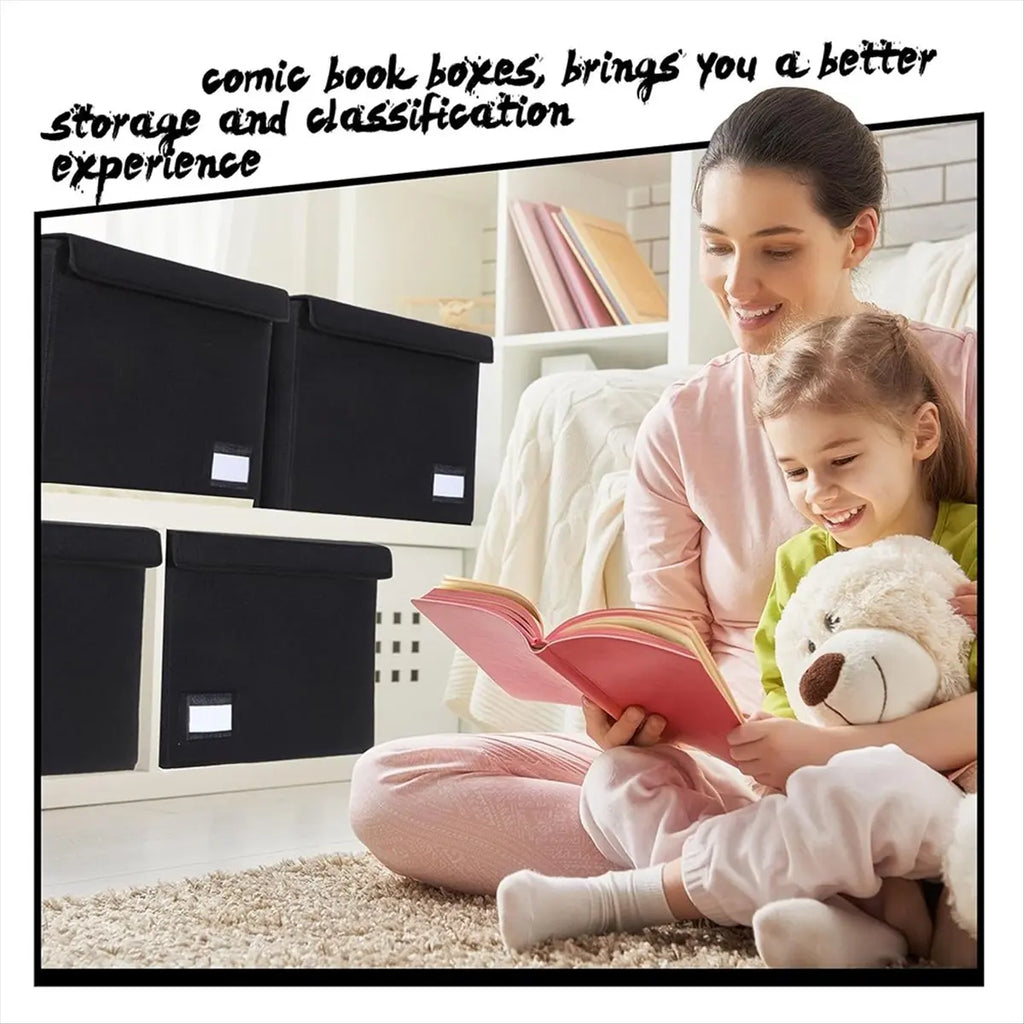 Comic Book Storage Boxes, Back to School Fold Comic Short Box Case with Lid, Book Bin Container Holds 150 Comics Black